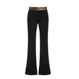 Queensays Leopard Splice Elastic Waist Flare Leg Pants