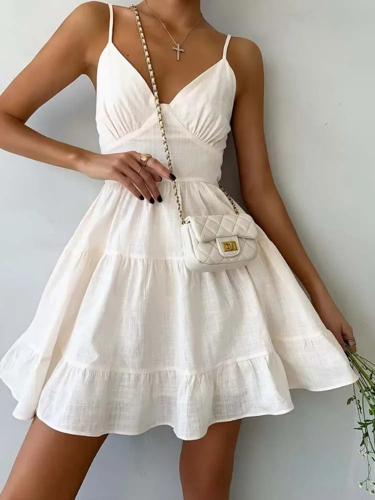 Queensays Elegant Sling Dress Women Sexy V-neck Mini Dress Summer Fashion White Sleeveless A-line Dress Lady Vintage Ruffle Vest Sundress