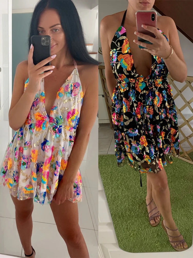 Queensays Sexy Sleeveless Floral Sequin Pink Evening Night Out Party Dress Deep V Neck Backless Short Night Club Out Summer Mini Dress