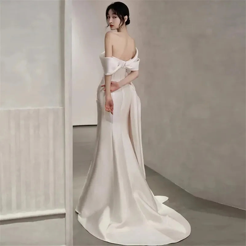 Off-The-Shoulder Satin High Split Twist Front Train Dresses For Wedding pin page