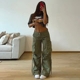 Queensays Cargos Style Parachute Pants Low Waist Women Joggers Harajuku Pockets Baggy Wide Leg Trousers y2k Streetwear Casual