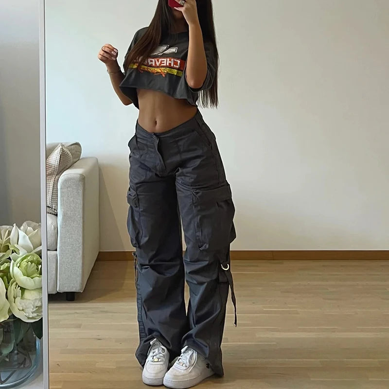 Queensays Cargos Style Parachute Pants Low Waist Women Joggers Harajuku Pockets Baggy Wide Leg Trousers y2k Streetwear Casual