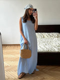 Queensays Women Casual Solid Loose Cotton Linen Maxi Dress Elegant O-neck Sleeveless Split Dresses 2024 Summer Female Street Robes