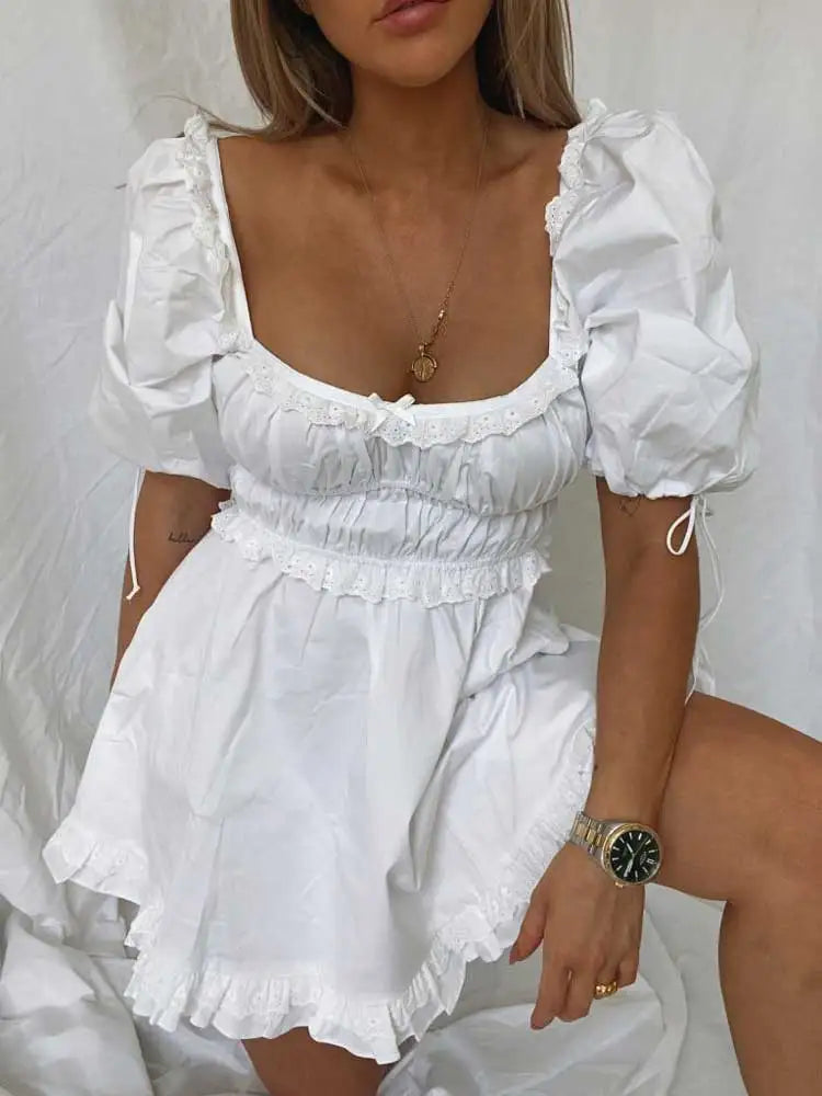 Queensays  puff sleeve mini Sexy white party dress ruffle summer dress square neck elastic bust super chic women dress new