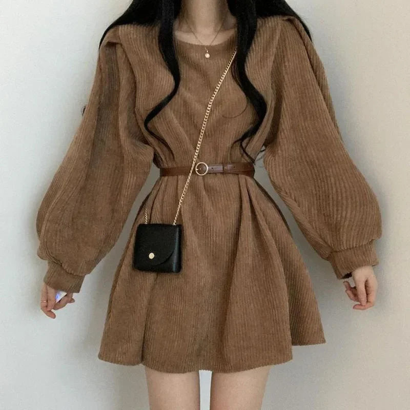 Queensays  -  Autumn Corduroy Sashes Dresses Women Korean Preppy Puff Sleeves Casual A Line Mini Dress Harajuku Elegant All Match Solid Dress