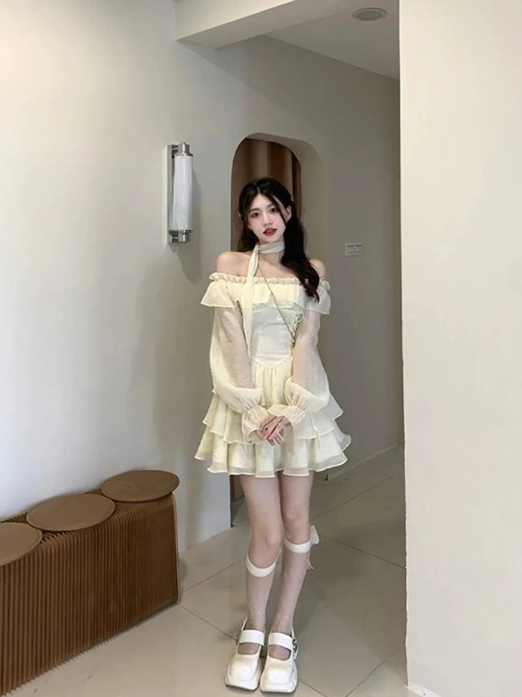 Queensays Long Sleeve Elegant Mini Dress Lolita Pure Color Short Party Dress Woman Casual